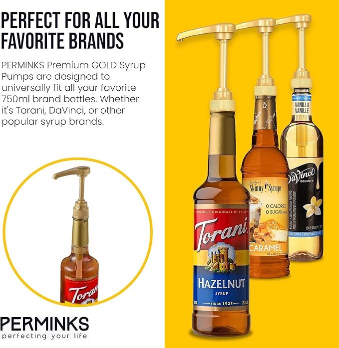 Premium Syrup Pump Compatible with Torani 750 ml Bottle, Davinci Syrups - No Spill, No Clog Syrup Pump Dispenser for Vanilla, Snow Cone, Blueberry, Coffee Flavoring & More (Pack of 3, Gold)