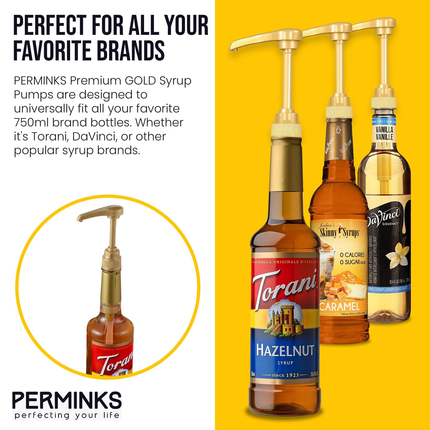 6 pack Coffee Syrup Pump Dispenser (Gold) - Compatible with Torani, Davinci and Skinny Syrup Bottles (750 ml 25.4 oz Bottles)
