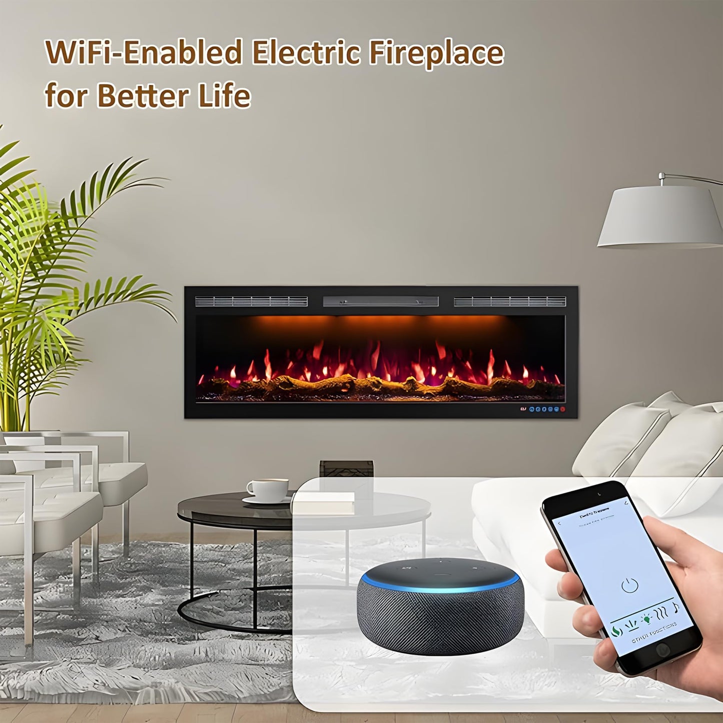 Mystflame 72 Inch Wifi-Enabled Electric Fireplace Inserts & Wall Mounted, Slim Electric Fireplace Heater, 750/1500W, Adjustable