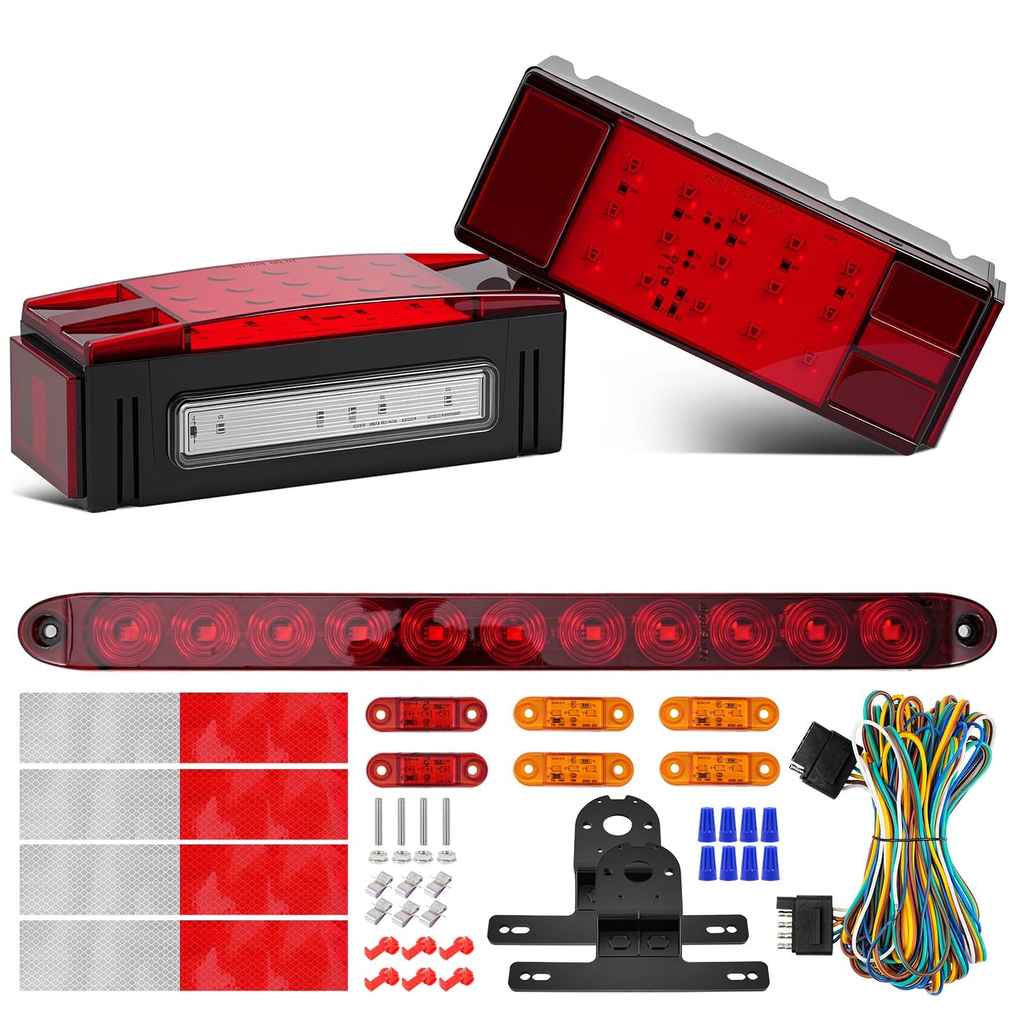 PVerandio LED Trailer Lights Kit, Rectangular Submersible Brake Stop Turn Tail Lights, 29FT Wiring Harness, Red, Model PV3021KIT