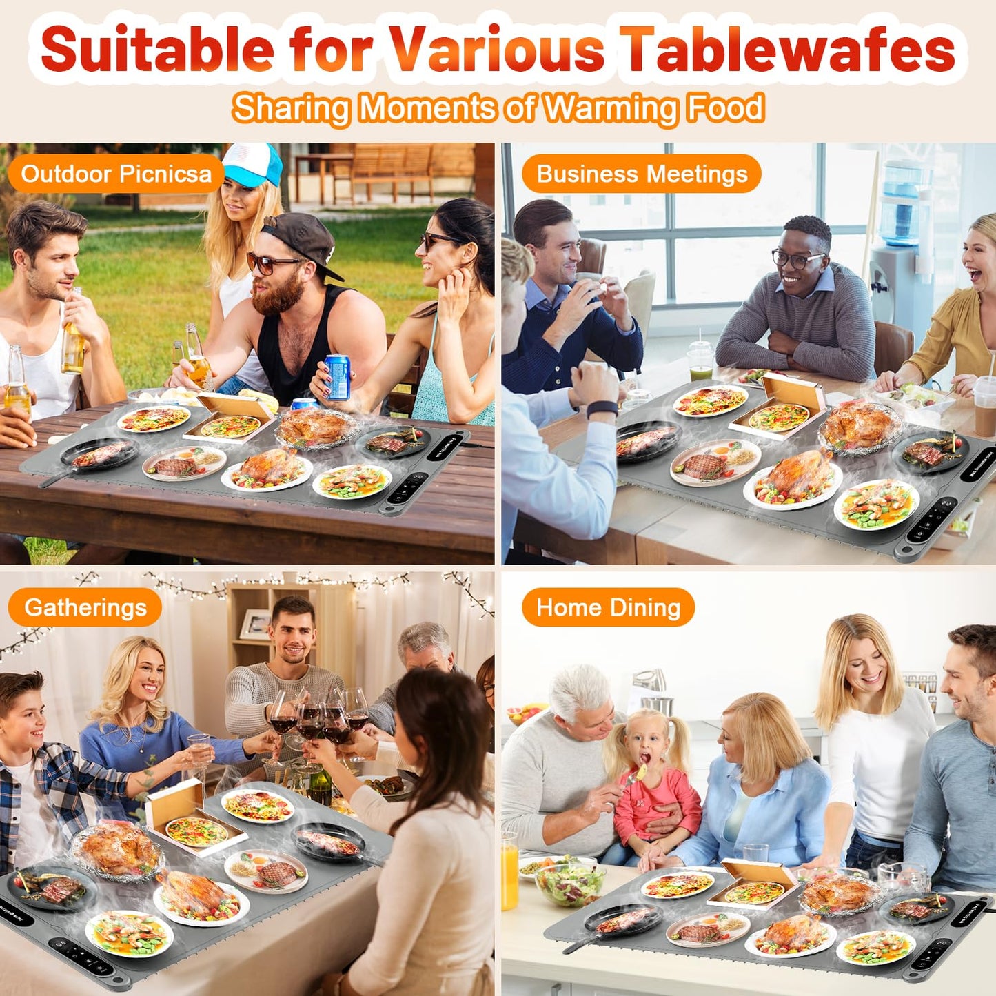 Warming Mat for Food, 430W Portable Electric Warming Tray with 7-Level Temp Control & 8H Timer, Child Lock Safety, 8s Fast Heat Warming Tray for Buffet, Party, Travel& Home, 24×15 IN Food Warmer Mat