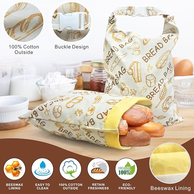 Mosucoirl Beeswax Bread Bags 2 Pack, Reusable Bread Storage Boxes for Homemade Sourdough, Cotton Food Bags Loaf Containers to Keep Fresh Large