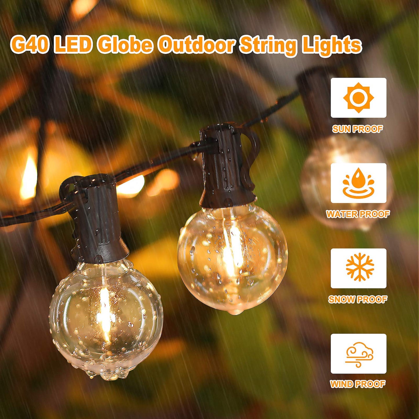 Bosceos 100FT Outdoor G40 LED Globe String Lights, Dimmable, Waterproof, Shatterproof, 104 Bulbs, Black, Model GYPC-O100LAU