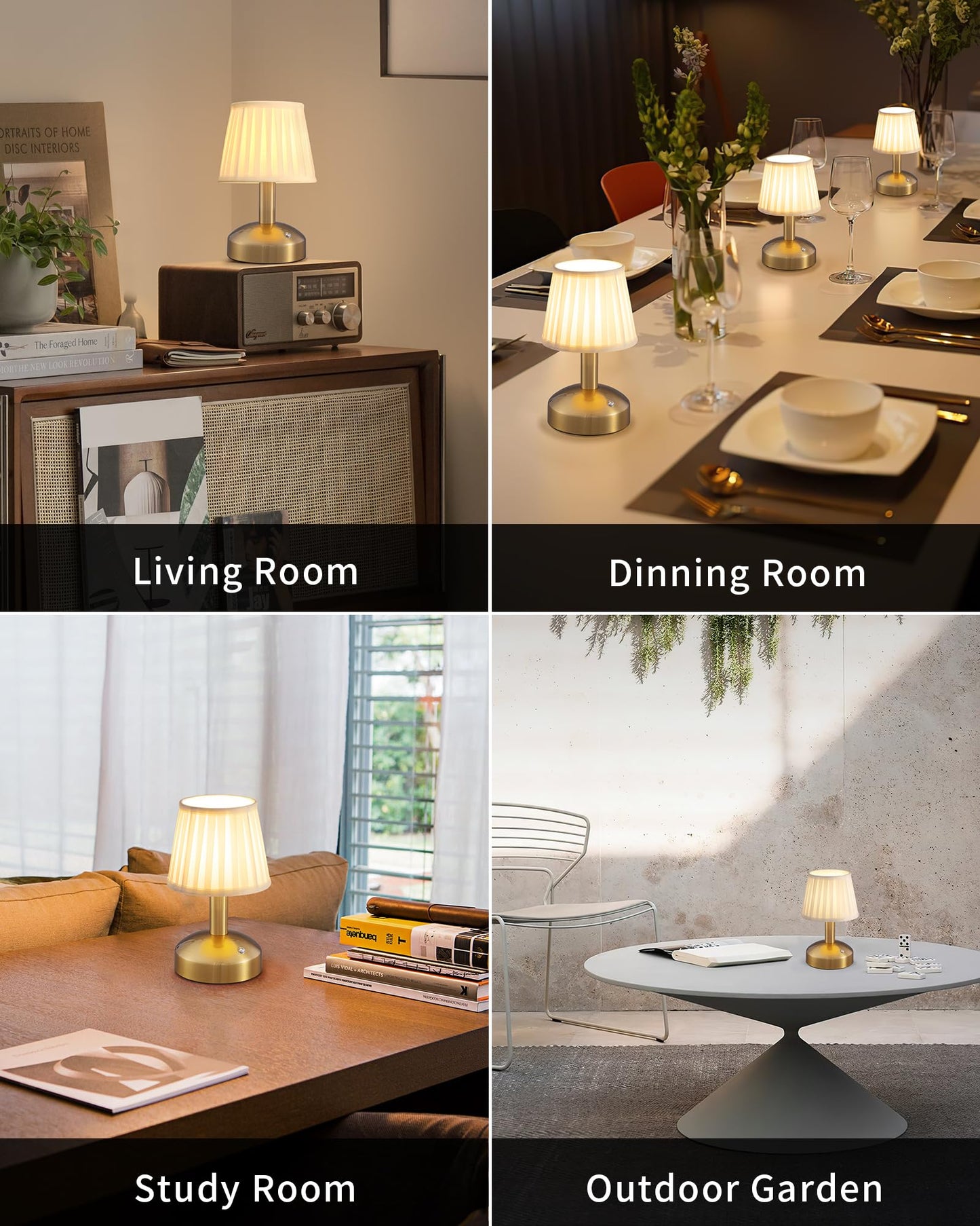 Kdg Modern Cordless Small Table Lamp, Led Fabric Shade, 5000Mah Battery, Gold & White, Model Amz-Tbl-012-Dg