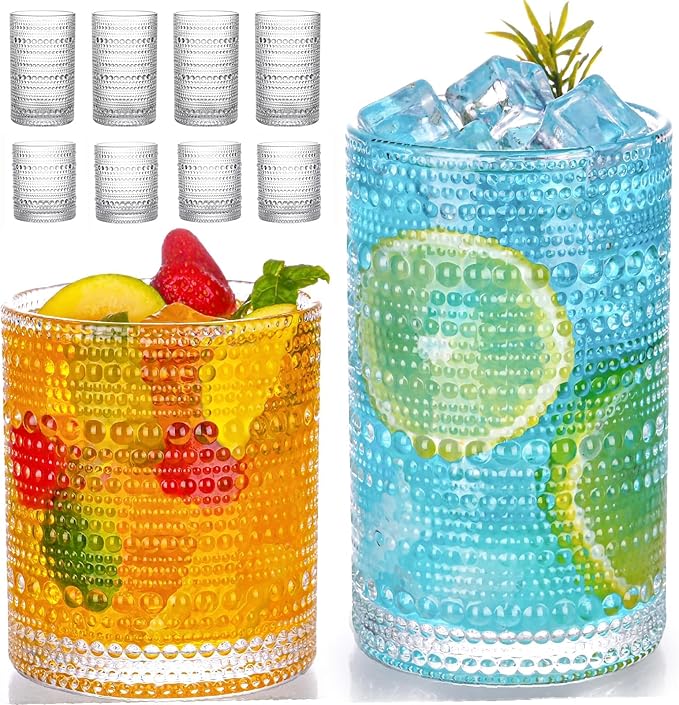Hobnail Drinking Glasses Set of 8 Glass Cups 12 oz Hobnail Drinking Glasses & 10 oz Cocktail Glasses, Water Glasses Kitche...