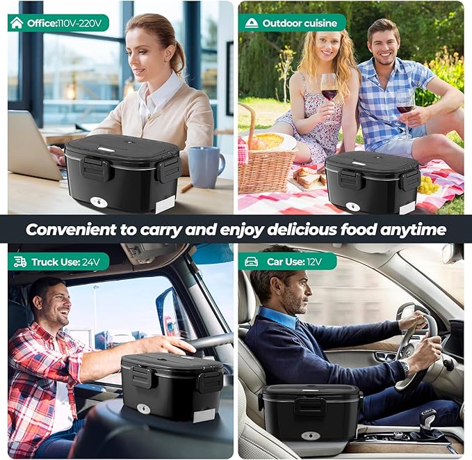 Electric Lunch Box for Adults 100W Fast Heated Lunch Box for Men Women with Dual 1.5L Stainless Steel Containers Fast Heating Portable Food Warmer 12V/24V/110V Lunch box, Home/Car/Office/Truck