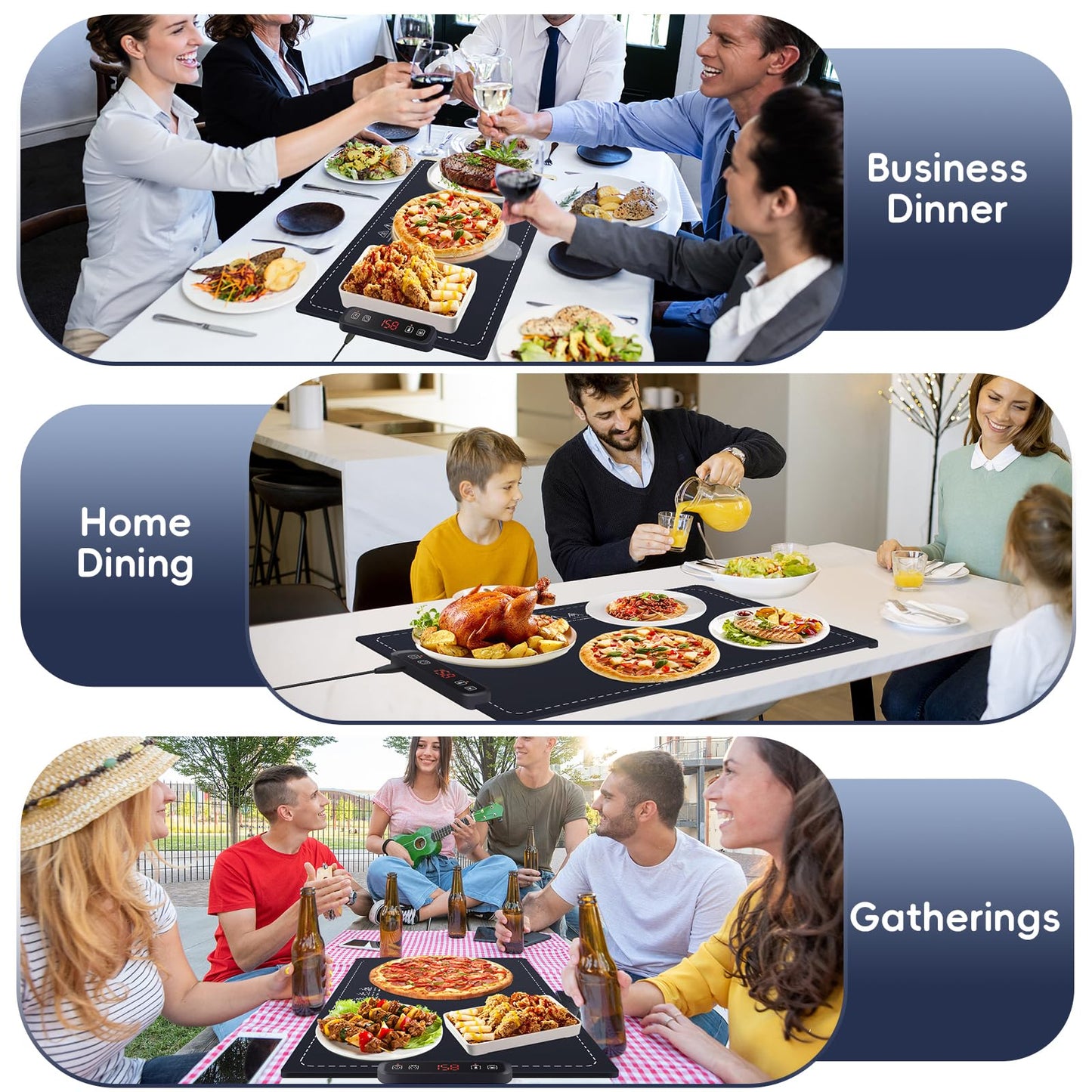 VIPDIGI Food Warming Mat, Electric Warming Tray, Silicone Fast Heating Warmer Pad, 6 Temp Adjustable, Timer & Safety Lock, Auto Shut-Off for Countertops Buffets Party (Blue)