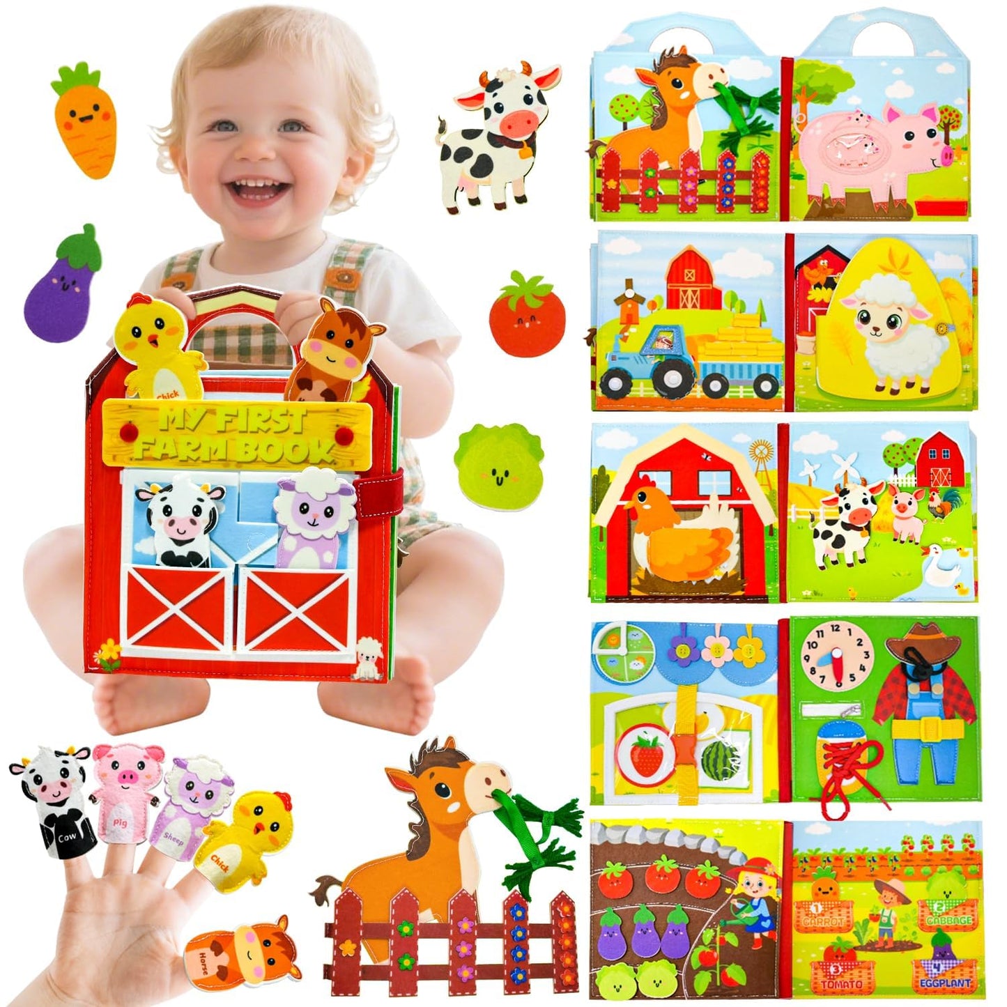 Farm Busy Book for Toddlers 1-3, Busy Book for Toddlers 3-5, Educational Farm Barn Animals Quiet Books with Finger Puppets, Montessori Portable Travel Learning Toys for 1 Year Old Boy Girl Gifts