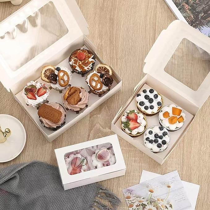 50-Set Cupcake Boxes Bulk with Clear Display Window Hold 4 Standard Cupcakes, Disposable Food Grade White Cupcake Carrier Cupcake Container, Perfect for Cupcakes Muffins Cookies Pastries