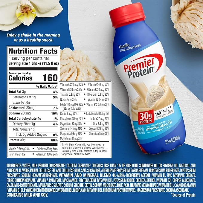 Premier Protein Shake, Vanilla, 30g Protein 1g Sugar 24 Vitamins Minerals Nutrients to Support Immune Health, 11.5 fl oz (Pack of 6)