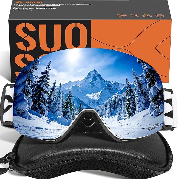 suoso OTG Ski Goggles for Men and Women, Frameless Magnetic Snowboard Goggles Anti Fog UV400 Protection Snow Glasses