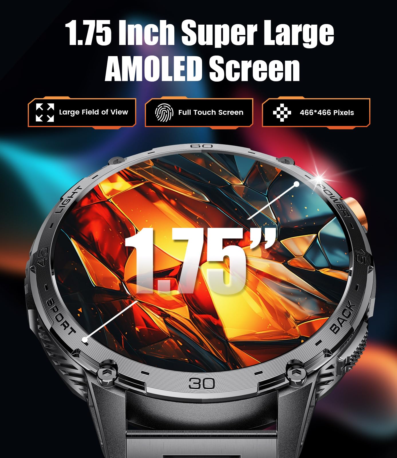 LIGE Military Smart Watch for Men, 730mAh/1.75" Large HD AMOLED Touchscreen Smartwatches with LED Flashlight for Android iOS, Fitness Tracker with 110+ Sport Modes/Heart Rate/Sleep Monitor,Black