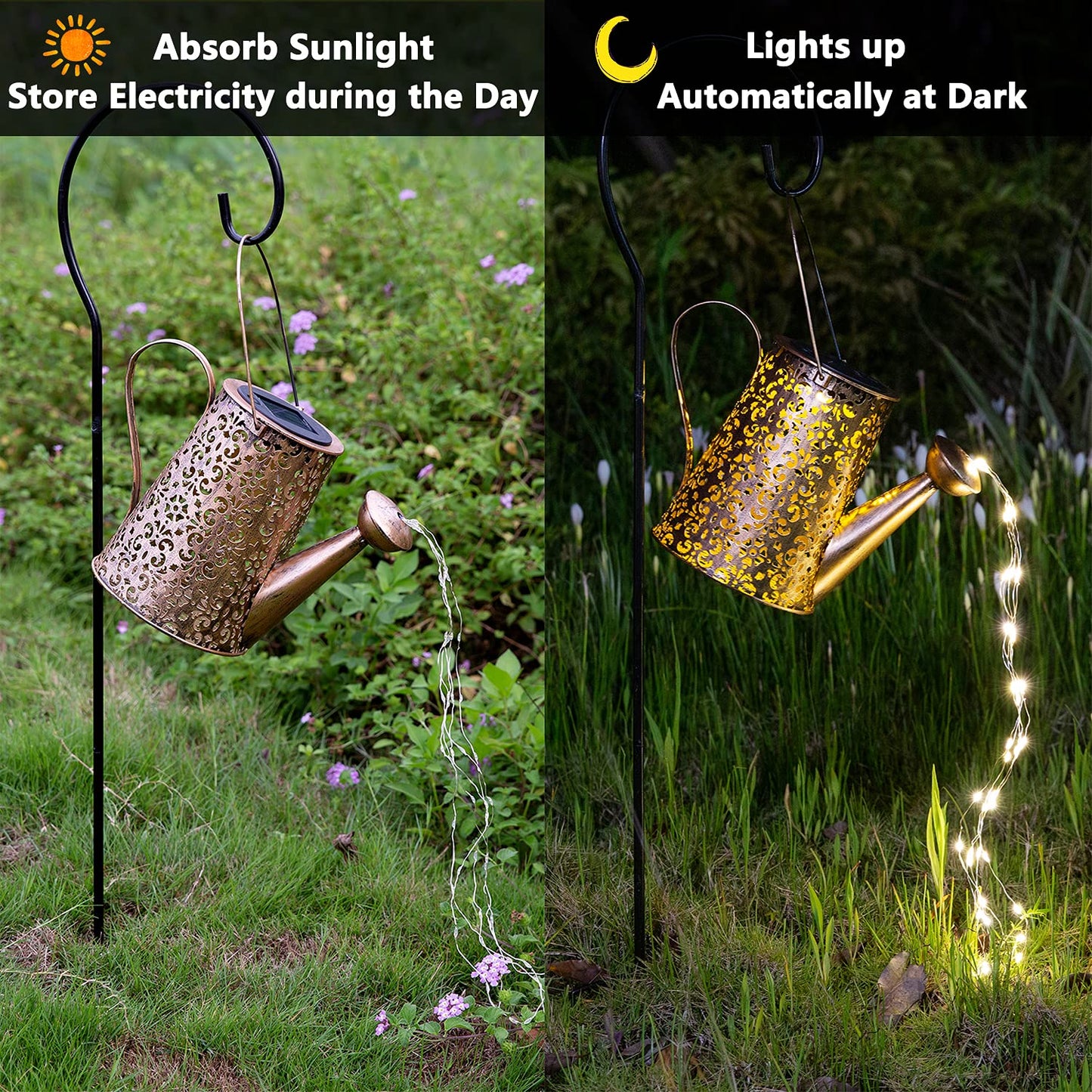 JIAJIAMEI Solar Lights Outdoor Garden Decor, Large Waterproof Iron Watering Can, Bronze
