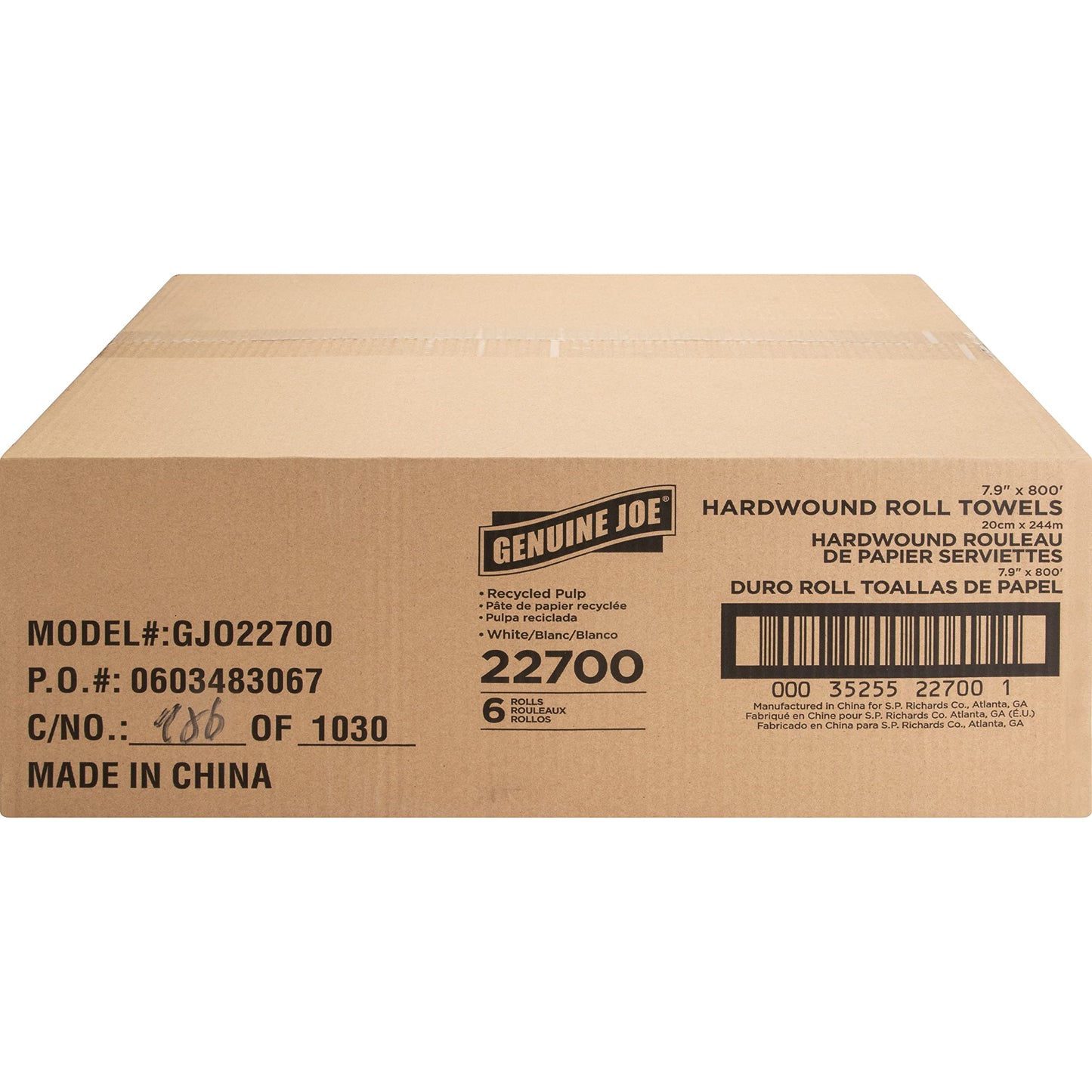 Genuine Joe GJO22700 Hard Wound Roll Towel, 800' Length x 7-8/9" Width, White (Case of 6)