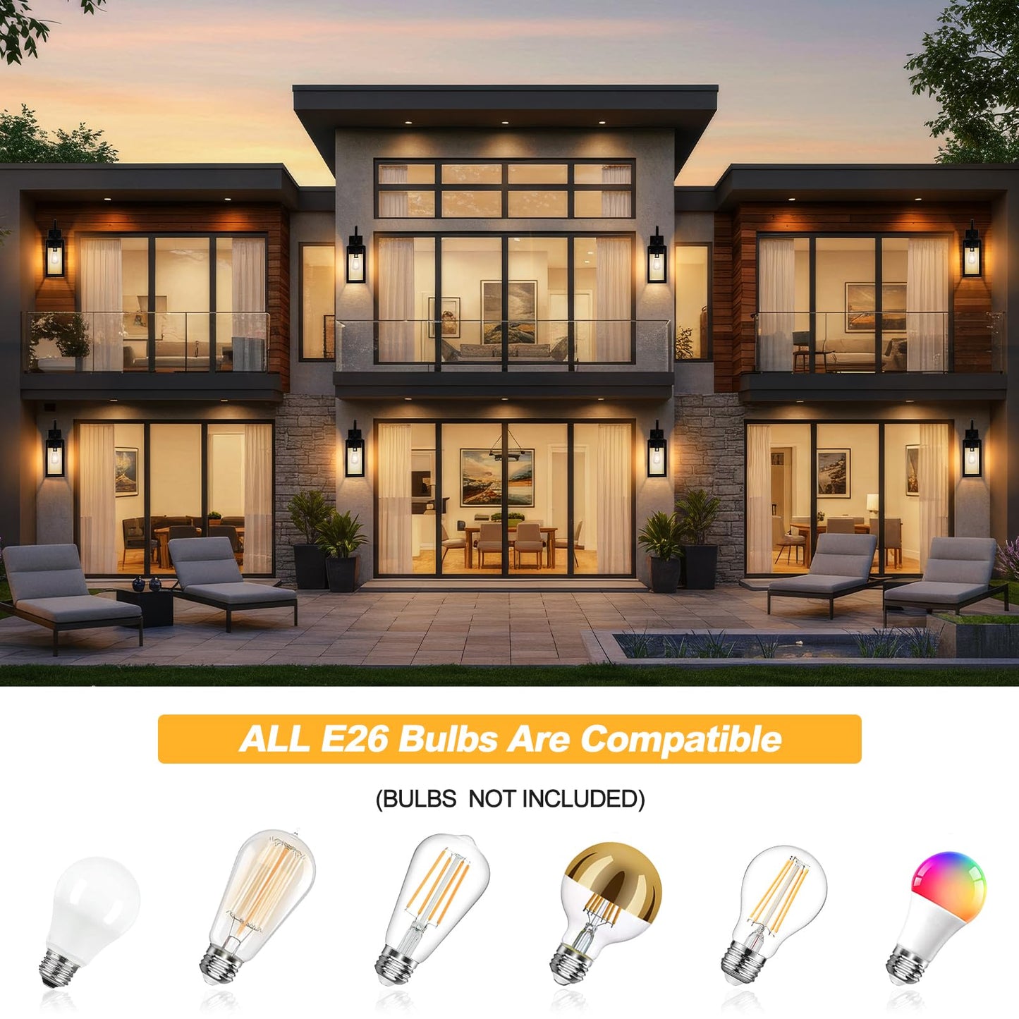Yolsunes 19 Dusk To Dawn Outdoor Lighting 2 Pack  Large Outdoor Wall Lights Dusk To Dawn  Black Sensor Porch Lights Exterior Lighting Fixtures Wall Mount For House Garage -With Gold Trim