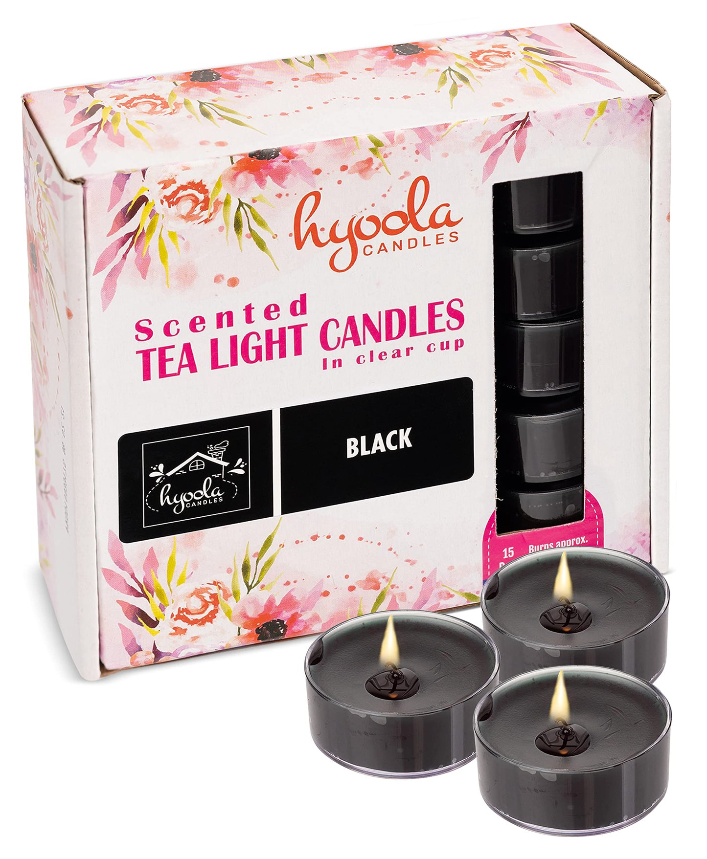 Hyoola Scented Tealight Candles - Black - 6 Hour Burn Time - 15 Pack - European Made - 1.9 Inch