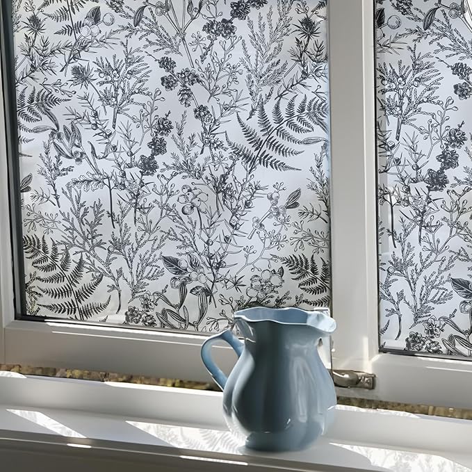 Winter Translucent Stained Window Film, Non Adhesive Floral Window Decals, Glass Door Covering Clings for Home Decorative, 16.93" W Engraved Monochrome Fern