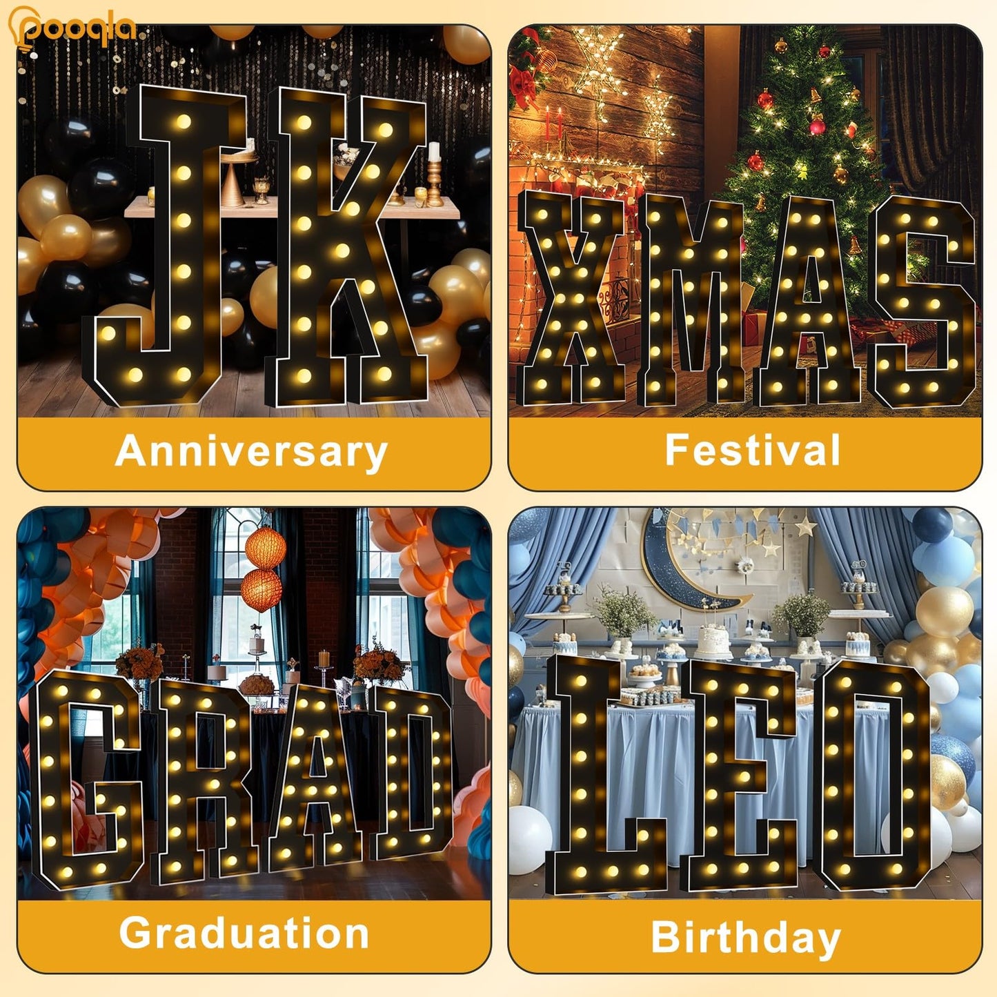 Pooqla 4 FT Marquee Light Up Letters, Black Marquee Letter Lights 4 Feet Tall, Giant Mosaic Sign Big for Balloons Birthday Party Anniversary Wedding Decorations, Warm White Letter Q
