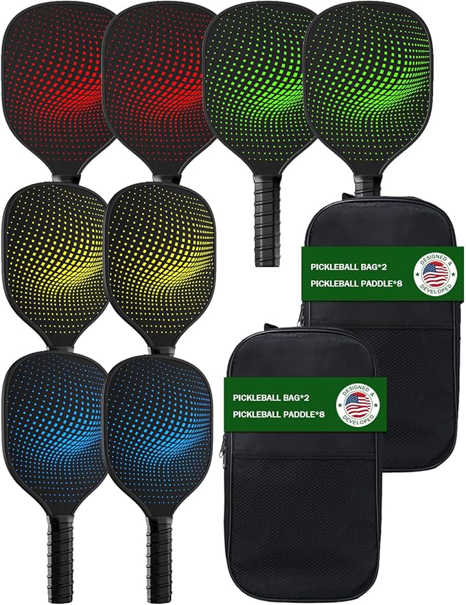 8-Pack Pickleball Paddles Set - Wooden Rackets with Fiberglass Surface & Polypropylene Honeycomb Core, Includes 2 Portable...