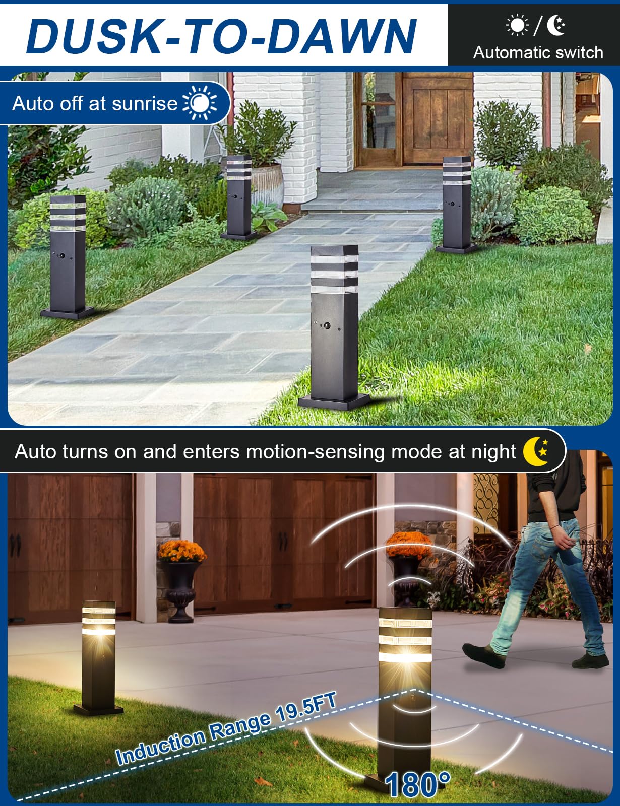 Delicavy Outdoor Post Light with Motion Sensor, Aluminum, Black, 2 Pack, Dusk to Dawn, Modern Landscape Path Lamp for Yard and Garden
