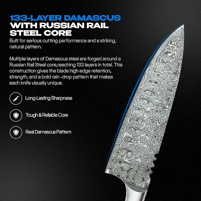 Hand-Forged Damascus 8” Chef Knife with 133-Layer Blade - Premium Kitchen Knife for Daily Cooking, Balanced Handle for Control - Ideal Chefs Knife & Chef Gifts