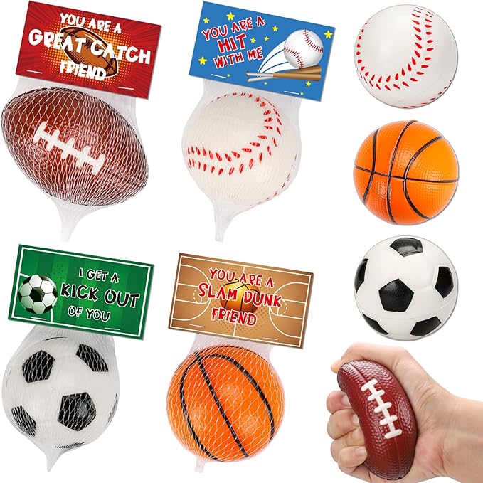 Valentines Day Gifts for Kids, 16 PCS Stress Balls Sports Valentines Day Cards for Kids Foam Bouncy Ball Party Favor for K...