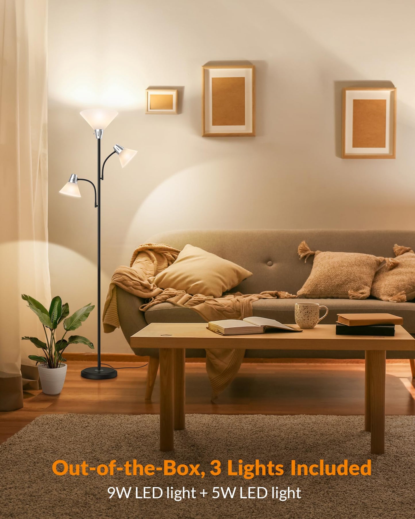LEPOWER Floor Lamp with 5W Adjustable Reading Lights, 9W LED, Metal, Black, Model LP-US-MDFL-AS-03
