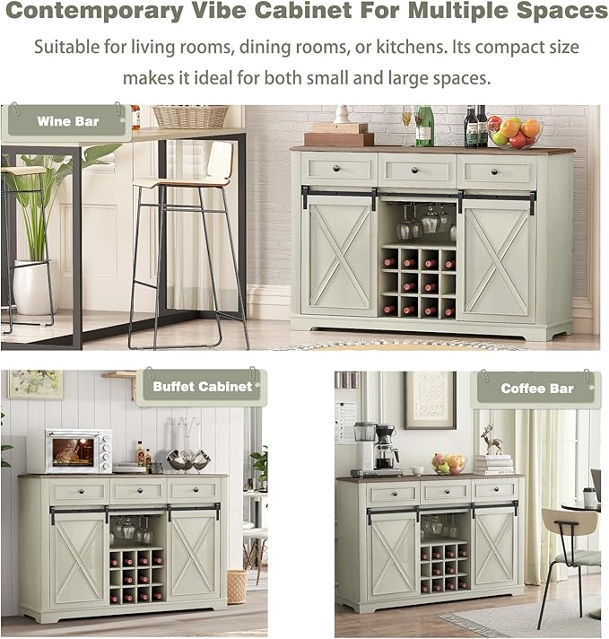 Farmhouse Wine Bar Cabinet with Storage, Liquor Cabinet with Rack for Inside Cabinet, Coffee Bar Cabinet with Sliding Barn Door, Buffet Table for Kitchen, Living Room, 54 Inch (Antique White)