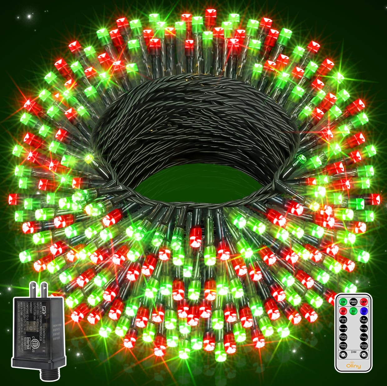 Ollny 400Led Christmas String Lights, 131Ft Red & Green, Waterproof, 8 Modes, Plug-In Fairy Lights For Indoor/Outdoor Holiday Decor