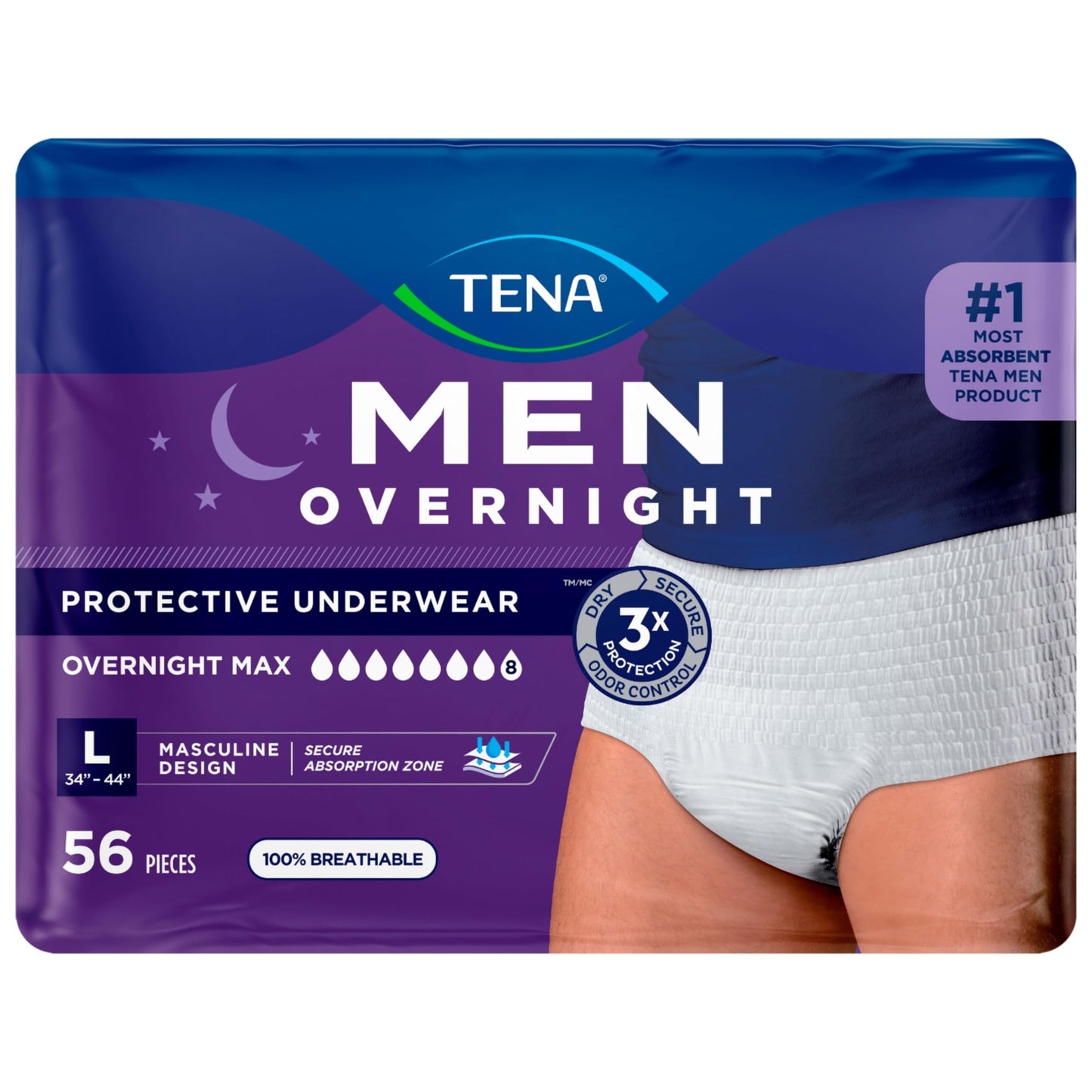 Tena Men Protective Incontinence Underwear Overnight Max Absorbency, L, 56 Count (Waist Size 34in-44in)