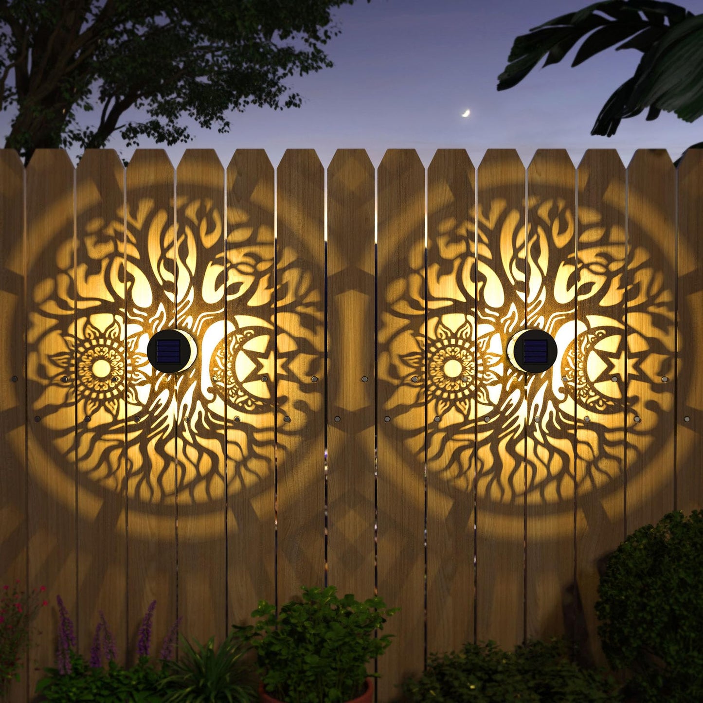 gardencave Solar Fence Lights - Metal, Waterproof, Tree Theme, 4 Pack, Model Fence1