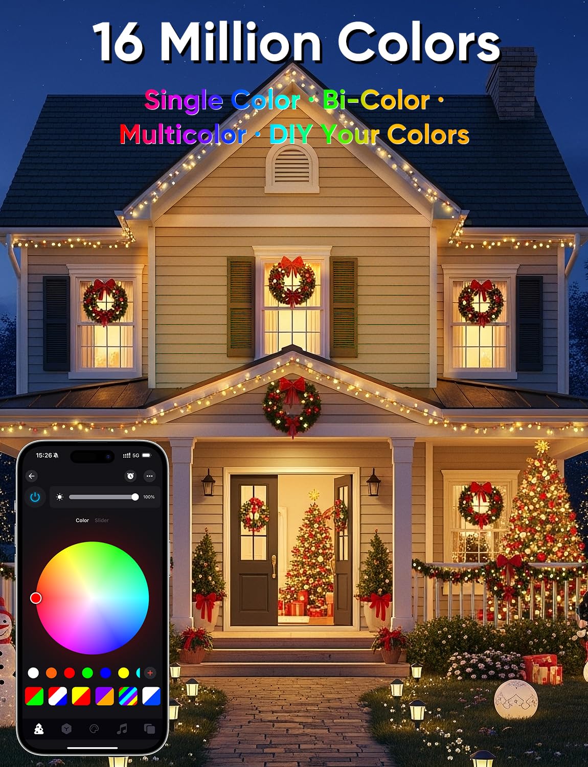 Ollny Smart Christmas Lights, 197FT 600 LED, RGB Color Changing, Waterproof, APP Control, Model NYA0600R, Dark Wire