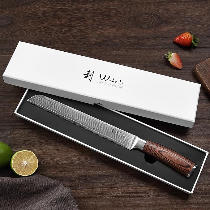 Wakoli EDIB Damascus Bread Knife – 9.1-Inch Long Serrated Blade | Japanese Style Kitchen Knife Made from 67-Layer Damascus Steel with VG10 Core | Ergonomic Pakkawood Handle | Premium Knife in Gift Box