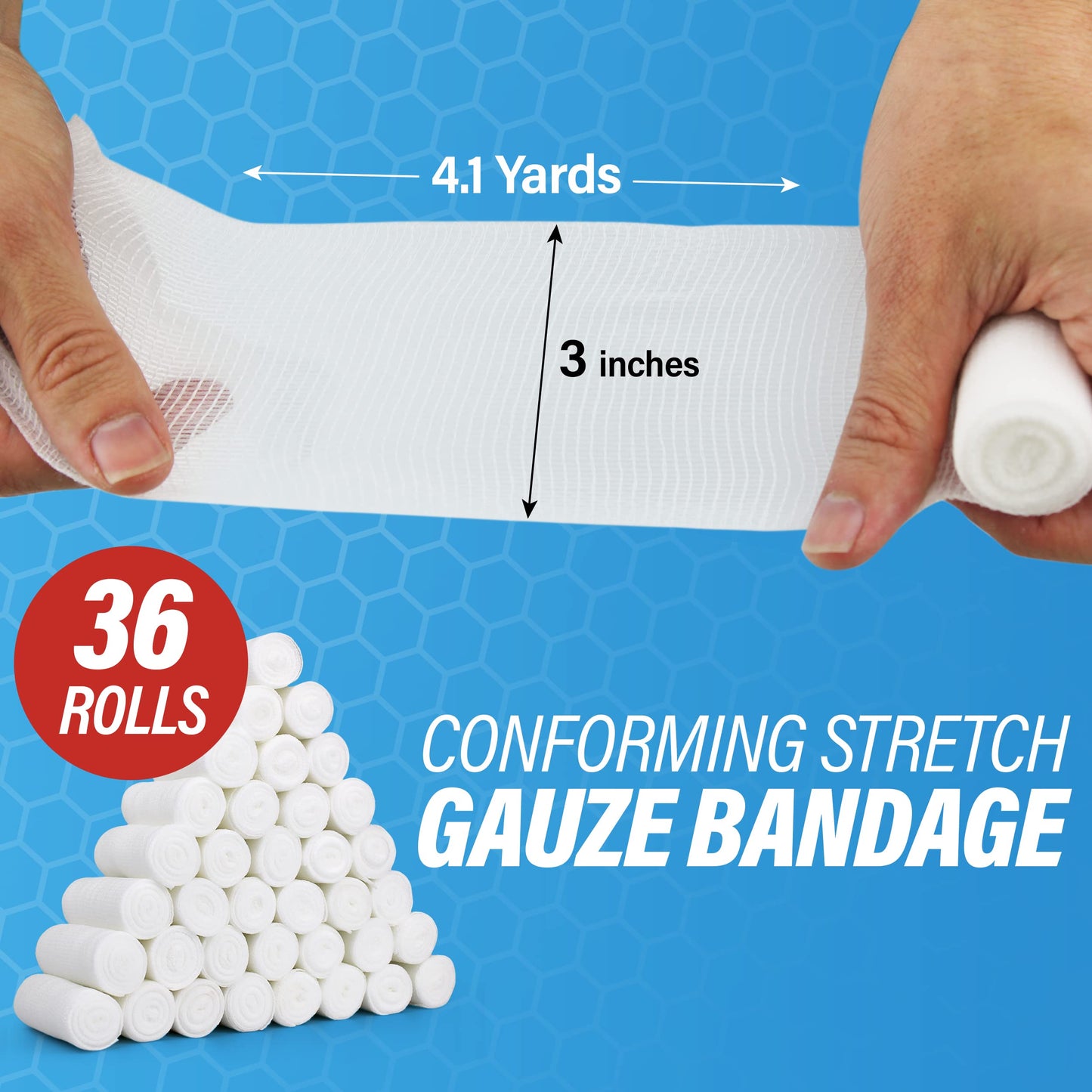 Gauze Rolls –36 Rolls- Premium First Aid Supplies for Safe Adventuring–Flexible, Stretchable, Breathable Gauze Bandage Rolls – 3” x 4.1 Yards Bandage Wrap for Wound Dressing