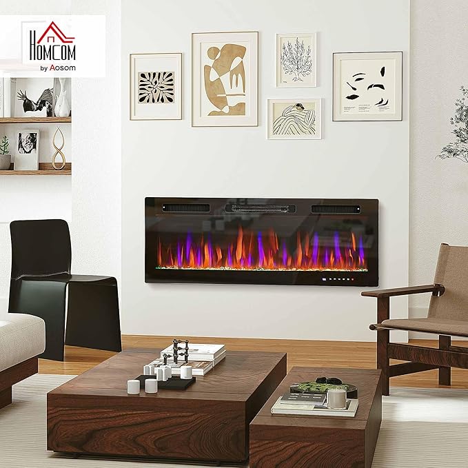 HOMCOM 50" Electric Fireplace Recessed and Wall Mounted with Remote, 750W/ 1500W Ultra-Thin Fireplace Heater and Linear Fireplace with Timer, 12 Color Flame Effect, Crystal, Black