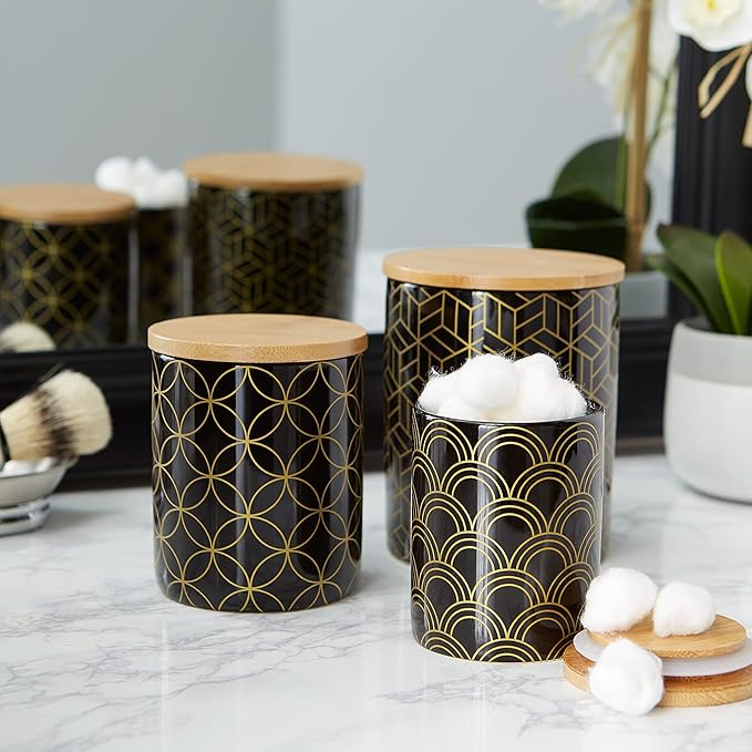 DII Kitchen Ceramics Collection, Canister Set, Mixed Print, Black/Gold, 3 Piece