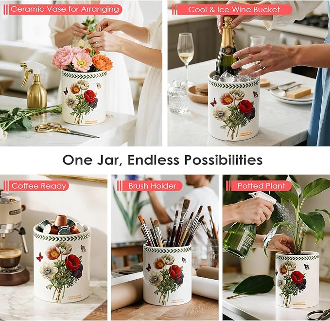 ACMLIFE Extra Large Cooking Utensil Holder, 7.3" Kitchen Utensil Holder for Countertop, Utensil Crock for Farmhouse Kitchen Decor, Ceramic Stable Utensil Caddy, Floral (Beauty)
