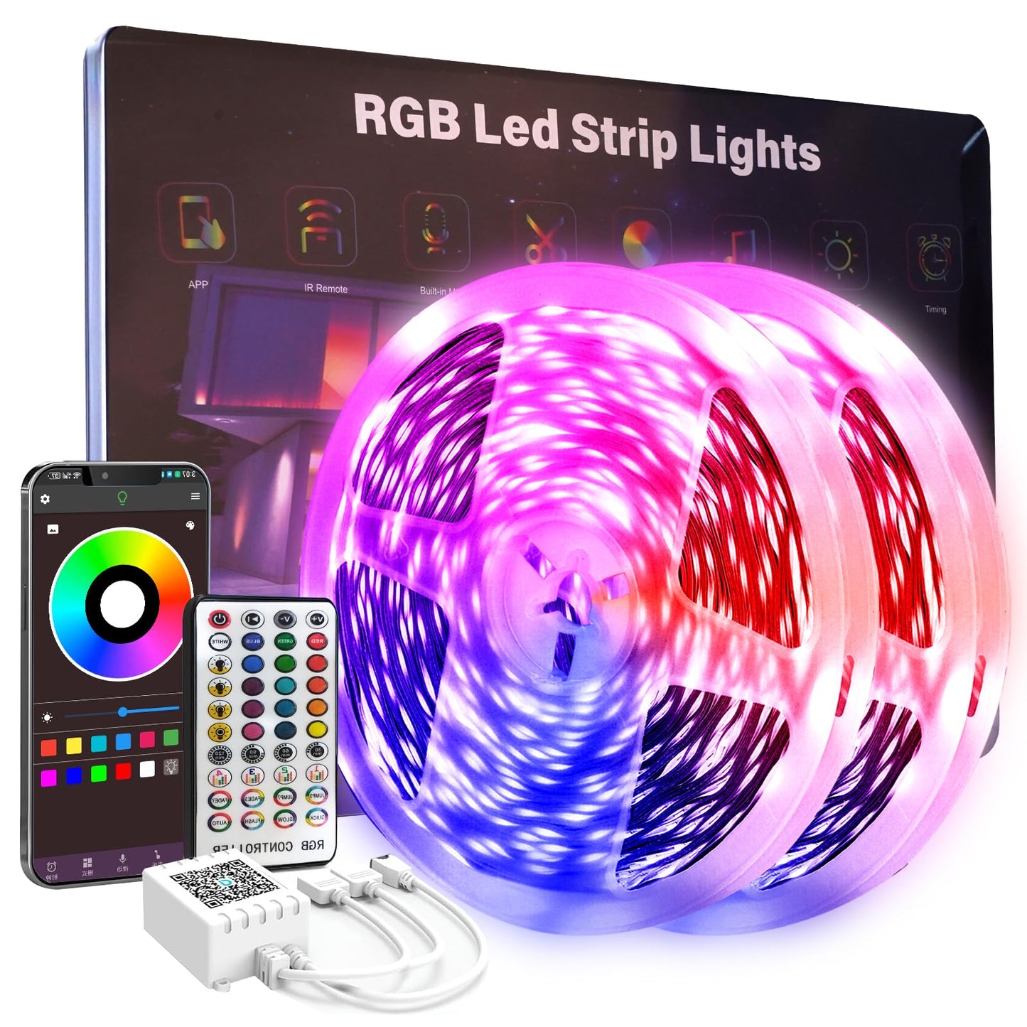 FBY 100 FT LED Light Strips, Multicolor, Bluetooth Music Sync, Remote Control, Plastic, Model FBY-100