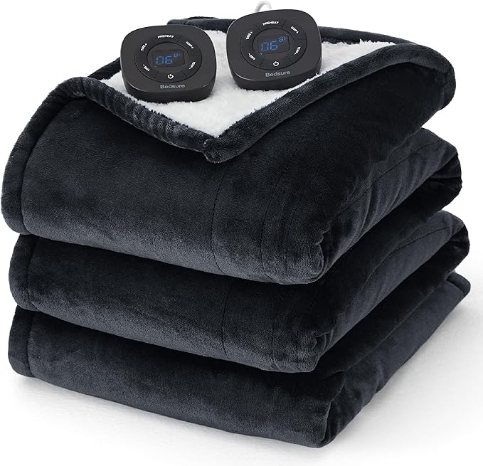 Bedsure Electric Blanket Queen Size - Dual Control Heated Blanket Queen, Fast Heating with 10 Time Settings & 10 Heat Settings, Warm Gift for Grandma (84x90 inches, Black)