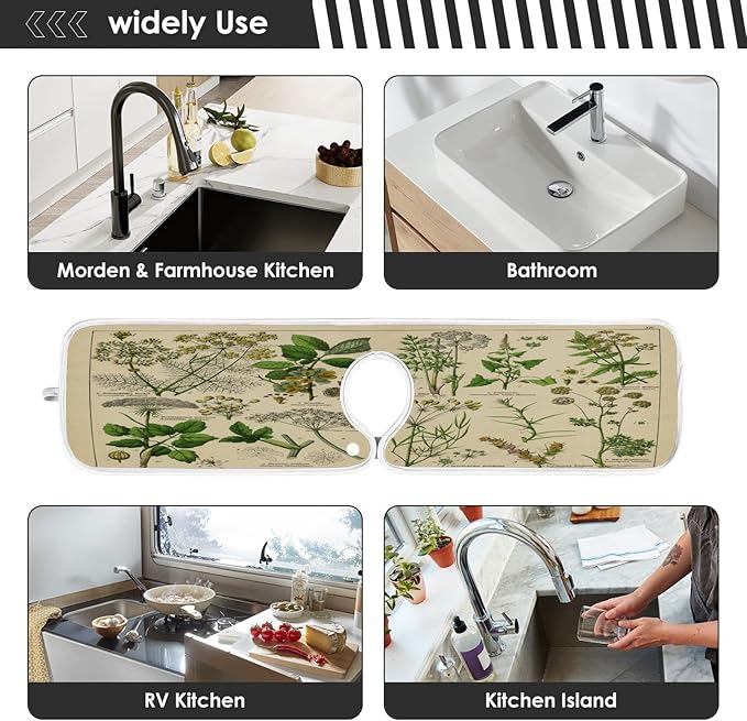 Kitchen Faucet Absorbent Mat, Antique Botanical Water Splash Guard for Sink, Faucet Drip Catcher Thicken Sponge Microfiber Faucet Water Catcher Mat Sink Absorbent Mat for Kitchen 30x5in 2 Pack
