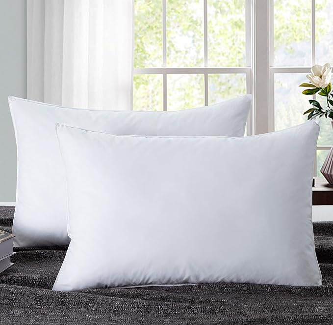 puredown® Goose Feather Down Blend Soft and Flat Pillow for Sleeping Cotton Cover, Queen Size, Set of 2