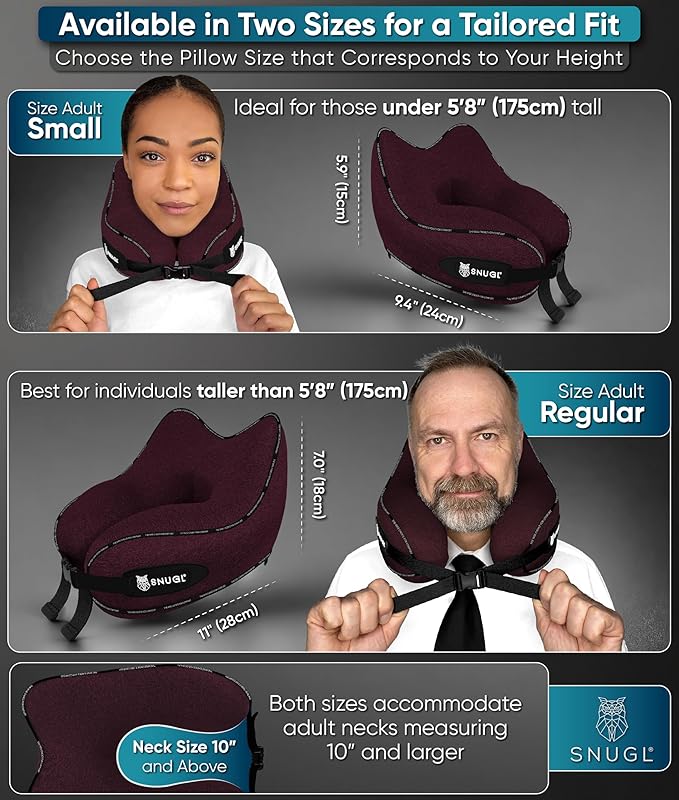 SNUGL Neck Travel Pillow - Memory Foam Airplane Pillow - Flight Pillow | Neck Support Travel Pillow with Carry Bag & Clip | Neck Pillows for Sleeping Travel Plane | Flying Travel Essentials - Dark Red
