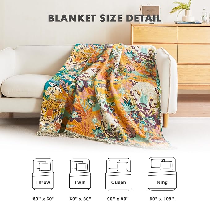 MSGKV Throw Blanket for Couch Cotton Leopard Animals Blanket 50"x60" Sofa Chair Blankets Muslin Breathable All Seasons Lightweight Farmhouse Blankets Home Decor