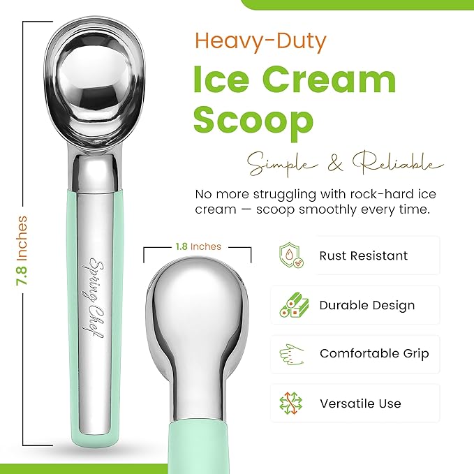 Spring Chef Heavy Duty Metal Ice Cream Scoop - Dishwasher Safe Ice Cream Scooper, Commercial Icecream Scoop Spade, Professional Kitchen Tool for Gelato, Melon, Sundae, Cookie Spoon - Mint
