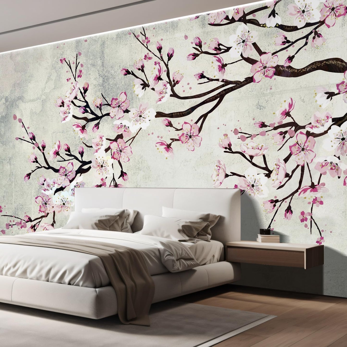 wall26 Large Wall Mural Watercolor Style Ink Painting Pink Cherry Blossom on Vintage Wall Background | Self-Adhesive Vinyl Wallpaper/Removable Modern Wall Decor - 120x192 inches