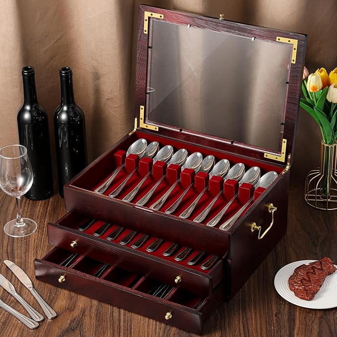 Novabright Wooden Silverware Storage Box with Lid, Christmas Flatware Organizer with Handle Felt Lined,15.3 x 11.4 Large Elegant Silverware Chest Case for Flatware Utensils Home Decor Gift (3 Layer)