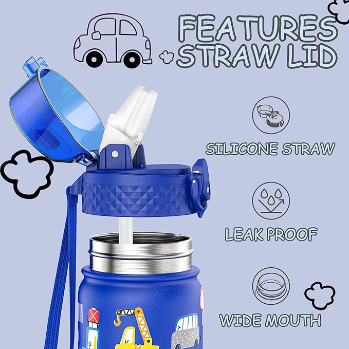 Kids Water Bottle, GOPPUS 14 oz Insulated Water Bottle with Straw, Double Vacuum Leakproof, BPA Free, for Boys and Girls, Blue Construction Truck