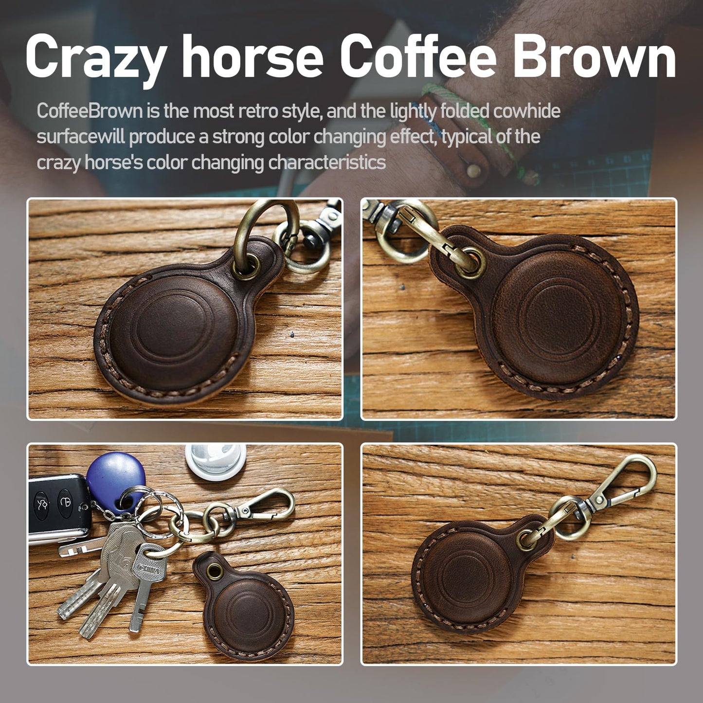 Handmade Genuine Leather Holder Case For Airtag - Vintage Design,Premium Leather Cover For Apple Air Tag Keychain(Coffee Brown)