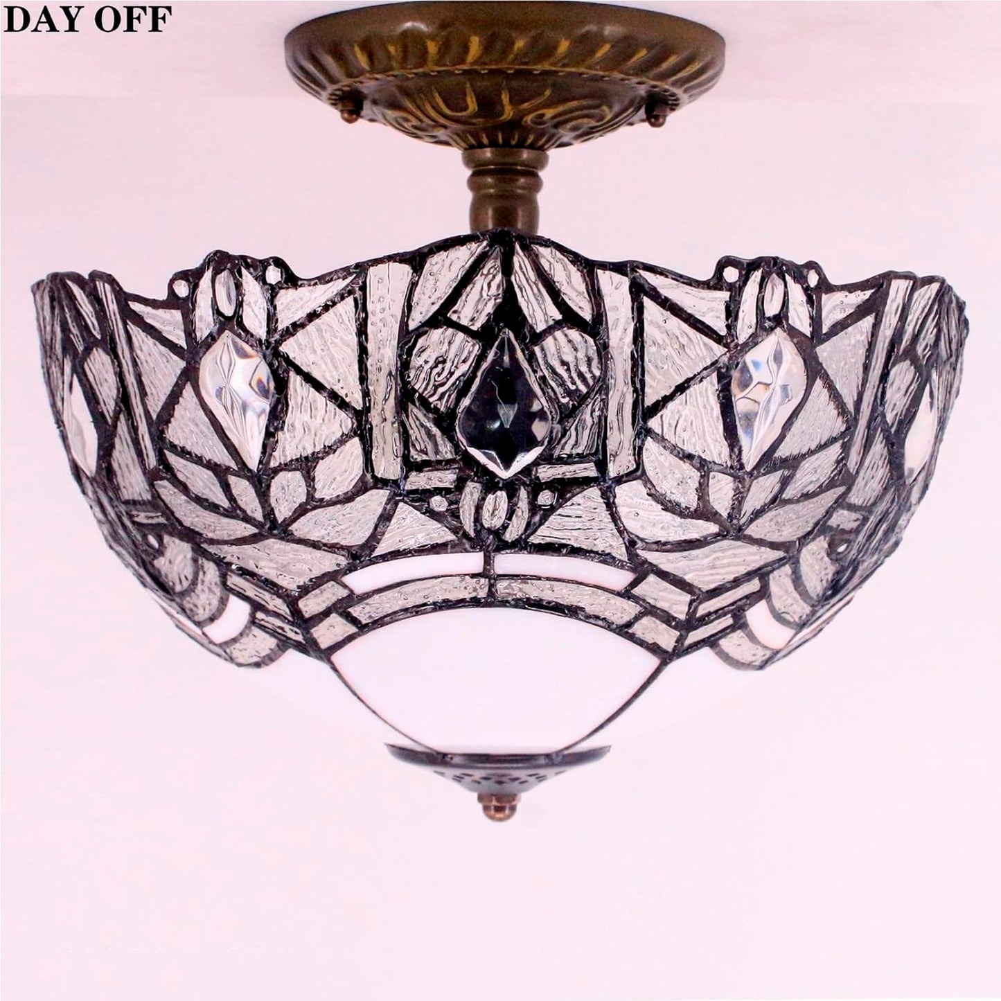 Werfactory Tiffany Ceiling Light Fixture, Crystal Bead, 12X11 Inch, White Stained Glass, Semi Flush Mount, S508W Series