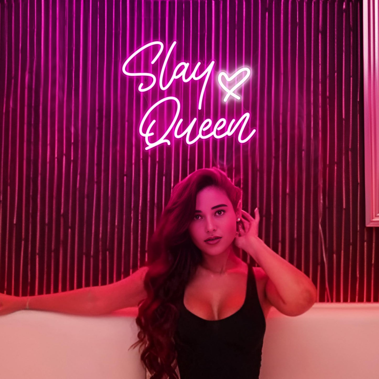 Kavaas Neon Sign Slay Queen 15.3in x 12.6in Pink LED Light Up Wall Decor for Bedroom, Bar, Office, Dorms